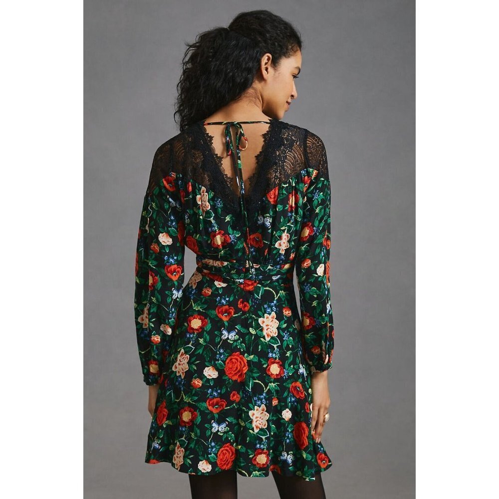NWT Anthropologie Lacy V-Neck Mini Dress 2 Black Floral Long Sleeve Fit & Flare - Picture 4 of 12